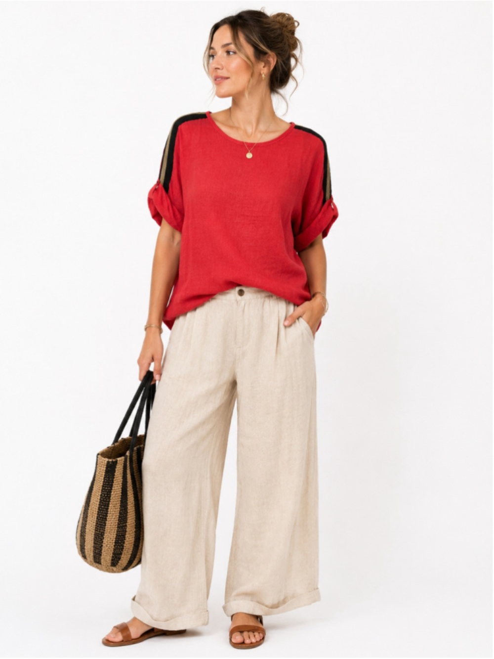 Women's Estheme Paris Linen Blend Short Sleeve Tee, Red/Black, Size XL